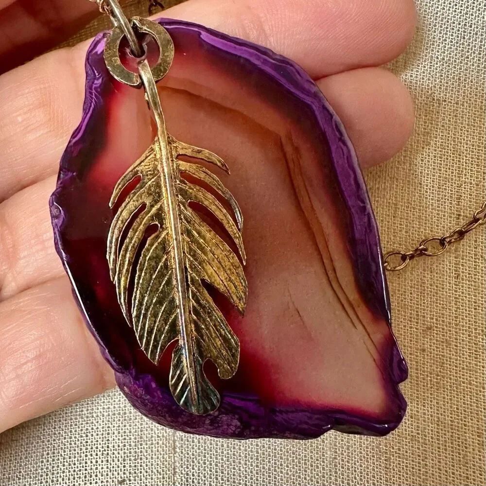 Devi Rao purple agate drusy slice feather pendant necklace